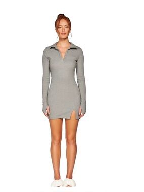 My Mum Made It Grey Long Sleeve Ribbed Bodycon Split Polo Dress Medium